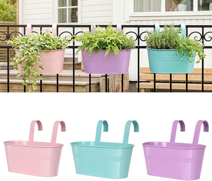 Railing planter box - 3 Pack Metal Hanging Flower Pots with Detachable Hooks & Drainage Holes, Window Oval Bucket Fence Hanging Planters for Outdoor Plants Garden Balcony Home Decor, Purple Pink Blue