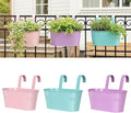 Railing planter box - 3 Pack Metal Hanging Flower Pots with Detachable Hooks & Drainage Holes, Window Oval Bucket Fence Hanging Planters for Outdoor Plants Garden Balcony Home Decor, Purple Pink Blue