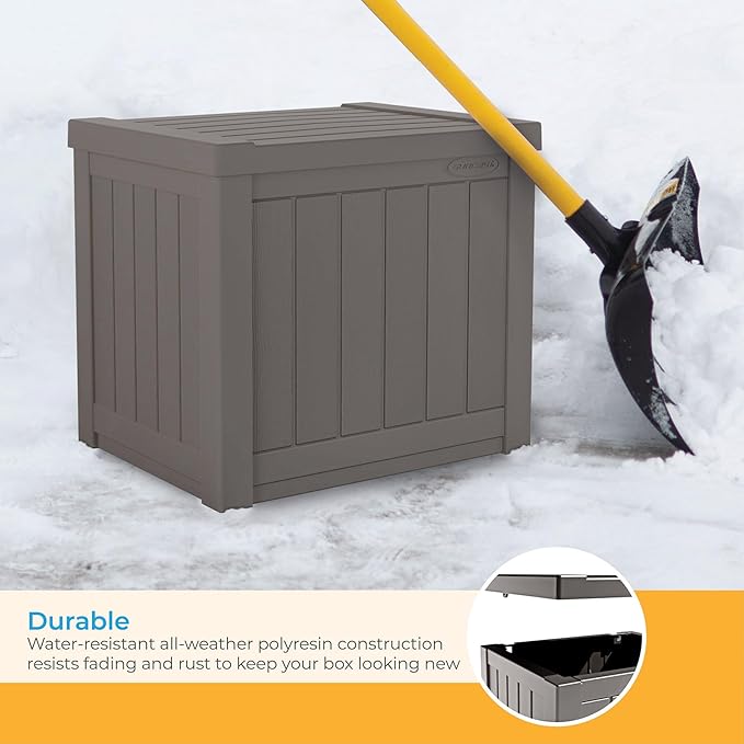 Suncast 22-Gallon Small Deck Box - Lightweight Resin Indoor/Outdoor Storage Container and Seat for Patio Cushions and Gardening Tools - Store Items on Patio, Garage, Yard - Stone Gray, Made in the USA