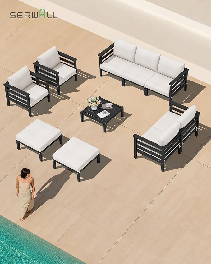 SERWALL HDPE Patio Furniture Set, 2 Pieces Outdoor Sectional Sofa Set, All-Weather Wood-Like Outdoor Sofa Couch with Coffee Table for Deck, Lawn, Black Frame with Khaki Cushion