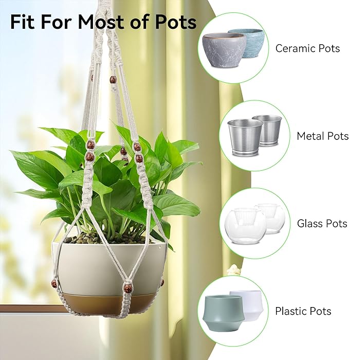 USLAI Macrame Plant Hanger Indoor Outdoor, Fits 4 to 15 Inch Pots, Strong Hanging Planter Holder, Boho Home Decor, 35+35 Inch, Ivory+Red Bead, Set of 2 (POTS NOT Included)