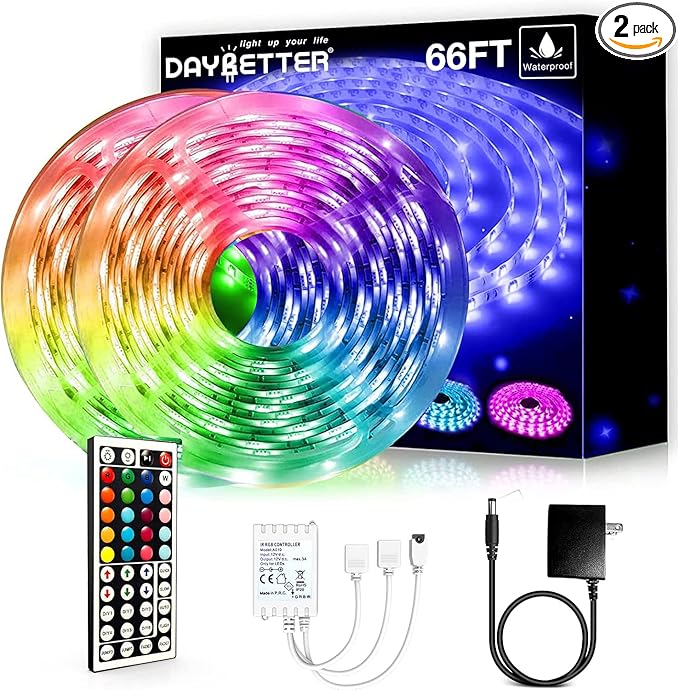DAYBETTER Waterproof LED Light Strips 66ft, Outdoor LED Strip Lights Color Changing 5050 RGB LED Strip Lights with Remote Control, LED Lights for Indoor Outdoor Use, IP65 (2 Rolls of 33ft)