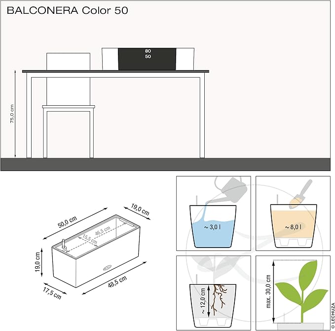 Lechuza BALCONERA Color 50 White, Self-Watering Window Box (Railing Planter), H7.5 L19.7 W7.5 in
