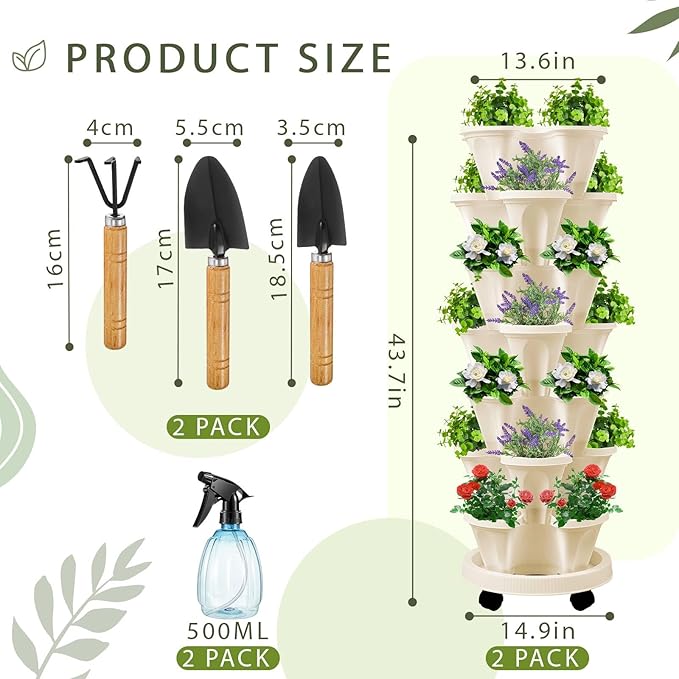 Umigy 2 Set of 7 Tier Vertical Planter Stackable Tower Planters Strawberry Herb Flower and Vegetable Pots Indoor Outdoor Gardening Pots with Removable Wheels and Tools(Beige)