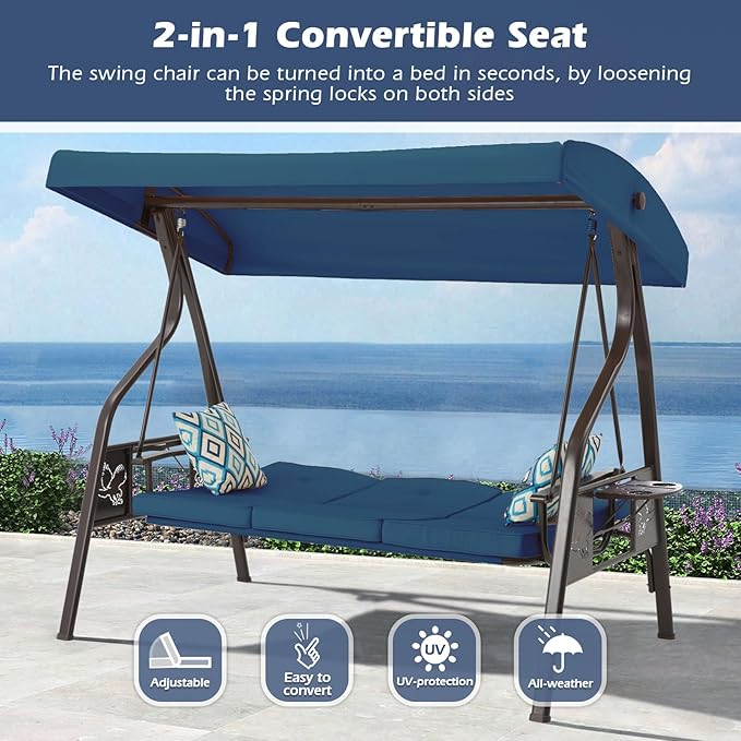 3-Seat Outdoor Porch Swing with Stand, Patio Swing with Canopy, 2 in 1 Porch Swing Bed & Patio Swing Chair for Adult w/Extra Pillows and Cup Holder for Yard (Blue)