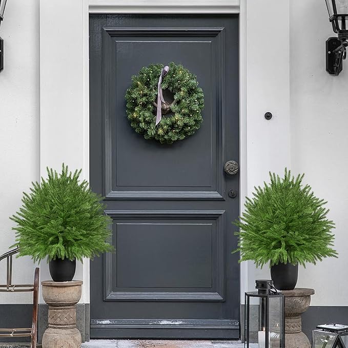 2 Set of 23.6" Artificial Norfolk Tree for Outdoor Front Porch Decor, Boxwood Ball Fake Shrubs UV Resistant Faux Plants for Indoor Outdoor