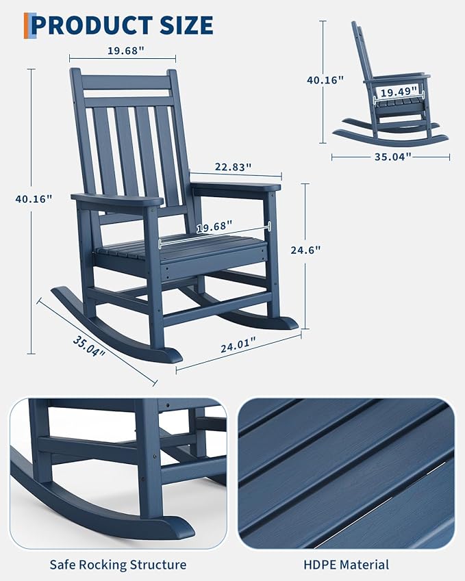 GarveeLife Poly Lumber Rocking Chair Outdoor Set of 4 with 2 Side Table - HDPE High Back Porch Rocker Chairs for Adults - All Weather Resistant Furniture for Patio - Navy Blue