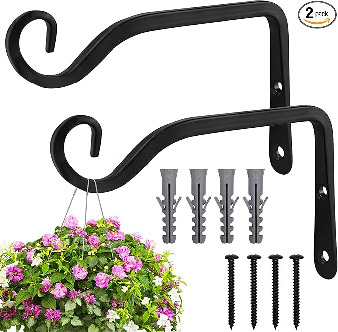Plant Hangers Outdoor 2 Pack 10 Inch Metal Hanging Plant Bracket Metal Hanging Plant Hooks Indoor, Wall Hooks for Hanging Plants, Bird Feeder, Flower Basket, Wind Chimes Black (2PCS)