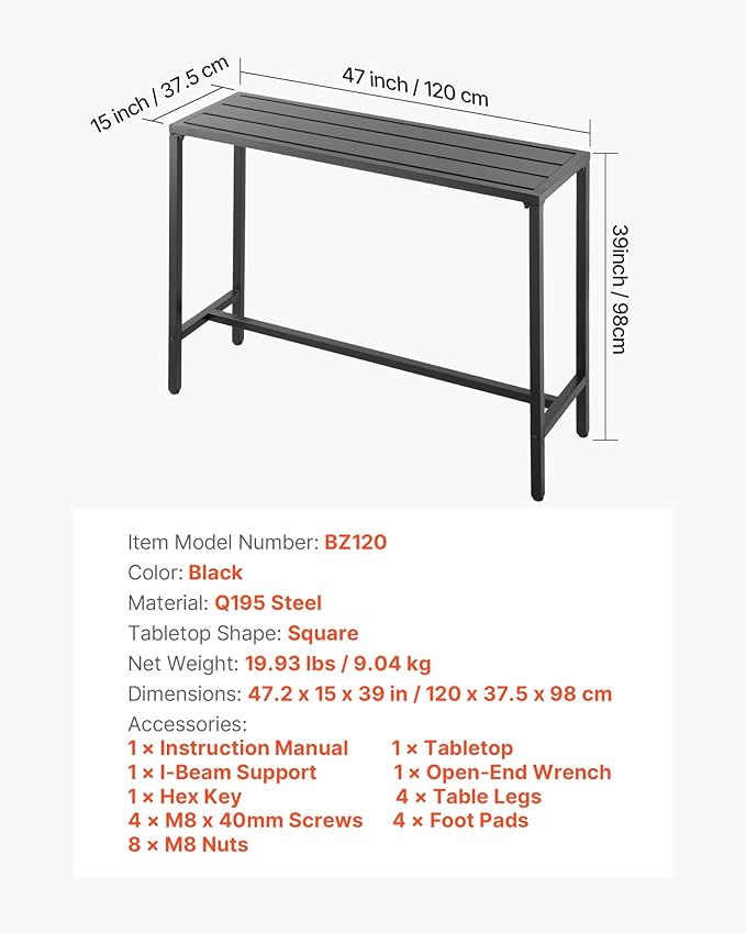 VEVOR Outdoor Bar Table, 47 x 15 in Patio Bar Table, Waterproof Top & Sturdy Metal Frame, Rectangle Counter Height Dining Tables, Outdoor Furniture for Balcony, Yard, Hot Tub, Poolside, Indoor