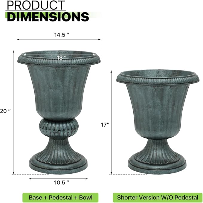Magshion 20" Urn Planters for Outdoor Plants, Large Decorative Front Porch Planters Set of 2, Weatherproof Tall Plastic Flower Pots for Garden, Patio & Entryway Décor, Antique Green