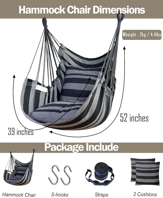 Halalona Hammock Chair Hanging Hammock Chair Rope Swing 2 Cushions Included-Sturdy & Durable Soft Cotton Hand Woven Hammock Swing for Bedroom, Porch, Patio-Indoor/Outdoor
