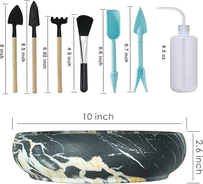 Succulent Pots, 10 Inch Large Succulent Planter Pots with Drainage - Ceramic Marble Bonsai Pot with Stand Shallow Planter for Cactus Flower Plants Plus Succulent Planting Tools Set & 2.2lb Mix Pebbles
