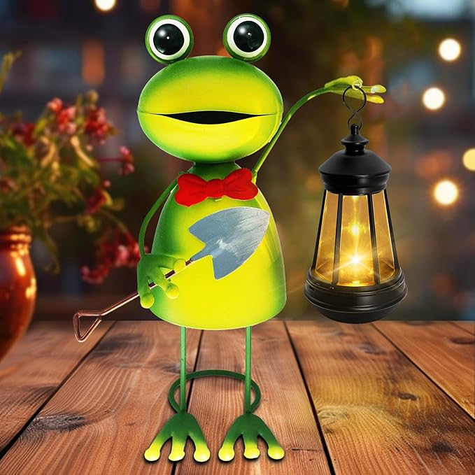 Solar Garden Lights Frog Statue,13.78in Tall Frog with Lantern Waterproof, Birthday Gifts for Women Mom Grandma, Big Metal Frog Stakes Decorative for Home Front Patio Balcony Yard Art Lawn
