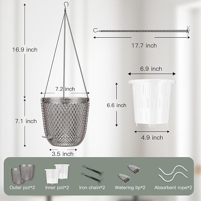 QCQHDU Self Watering Hanging Pots, 2 Pack 7.2 Inch Hanging Planters for Plants Indoor, Outdoor Flower Pots with Drainage Holes and 3 Hooks Chains for Garden Home (Gray)