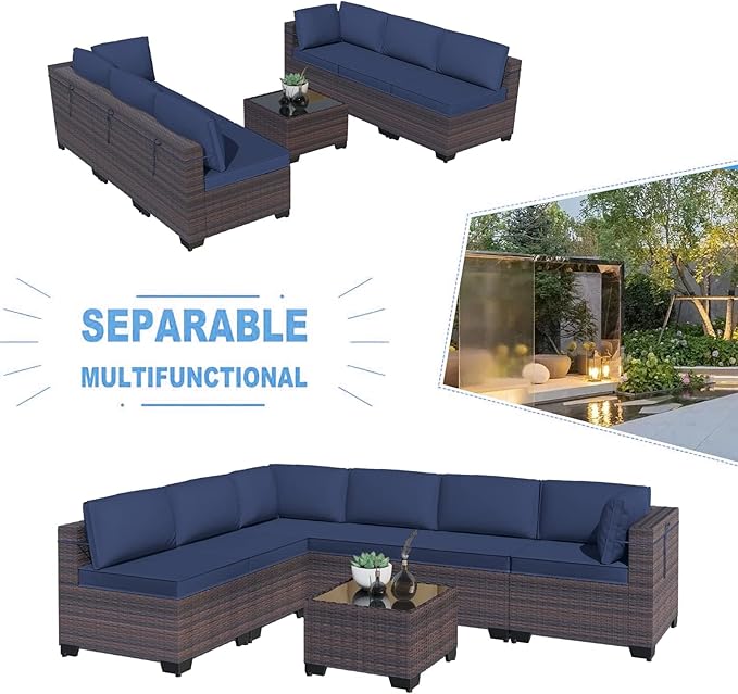 Kullavik 7 Pieces Outdoor Patio Furniture Set PE Wicker Rattan Sectional Sofa Patio Conversation Sets,Navy Blue