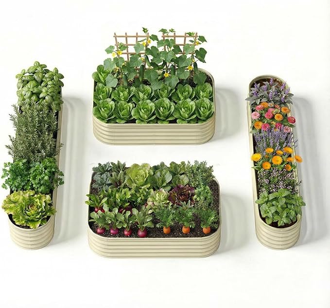 4-Pack 18” Tall Galvanized Raised Garden Beds – Small Space Garden Layout, Fits 170 Sq Ft Yard or Patio, 10x2x1.5 & 6x4x1.5 ft Metal Planter Box for Compact Outdoor Gardening - Sand Beige