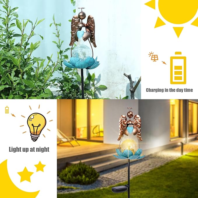 Solar Garden Lights Metal Flower Decor Colorful Solar Pathway Light with LED Cracked Crystal Ball Outdoor Decorative Stake for Patio Yard Lawn Garden Decor (Angel)
