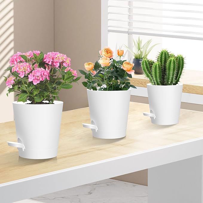 Self Watering Pots, 7/6.5/6/5.5/5/4 inch Flower Pots with Multi Mesh Drainage Holes, Small Platic Planters for Indoor Outdoor Garden Plants and Flowers (White, 7"+6.5"+6"+5.5"+5"+4")