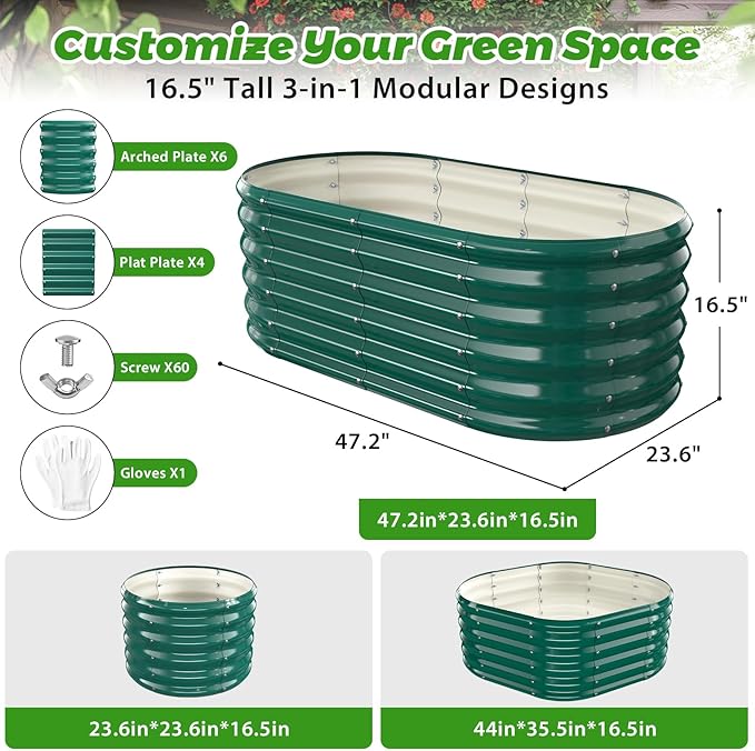 17" Tall Outdoor Garden Raised Garden Bed Kits, 4ft X 2ft Oval,0.8MM Thick Metal Raised Planter Bed/Ground Planter Box for Variety of Flowers,Herbs,Vegetables (Dark Green, 48X24X16.5 Inches)