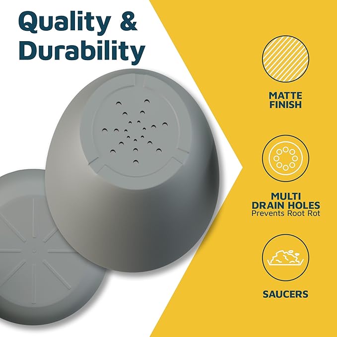 Planter Pots with Drainage Holes - Lightweight, Durable & Space-Saving Pots for Indoor and Outdoor - Versatile Functionality, Simple Modern Design, Set of 10 Plastic Planter Pots - Gray