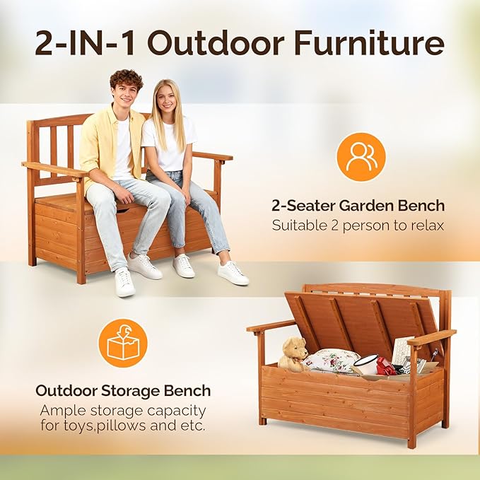 VINGLI Outdoor Storage Bench, Large Wood Deck Box with Seating, Weatherproof Outdoor Bench with Storage Loveseat, 2-Person Wooden Patio Bench for Entryway, Backyard, Garden