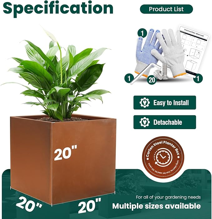 Corten Steel Planter Box Outdoor Planter Metal Square 20 Inch Large Steel Flower Pot Rustic Cube Patina Tall Plant for Commercial Residential Patio Yard Garden