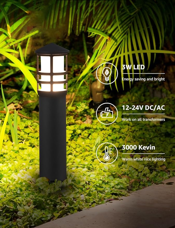 SUNVIE 12-Pack Low Voltage Landscape Pathway Lights 3W Outdoor Landscape Lighting 3000K 12-24V LED Bollard Path Lights Wired CRI 90+ Aluminum Pathway Lighting for Walkway Yard Garden, ETL Listed Cord