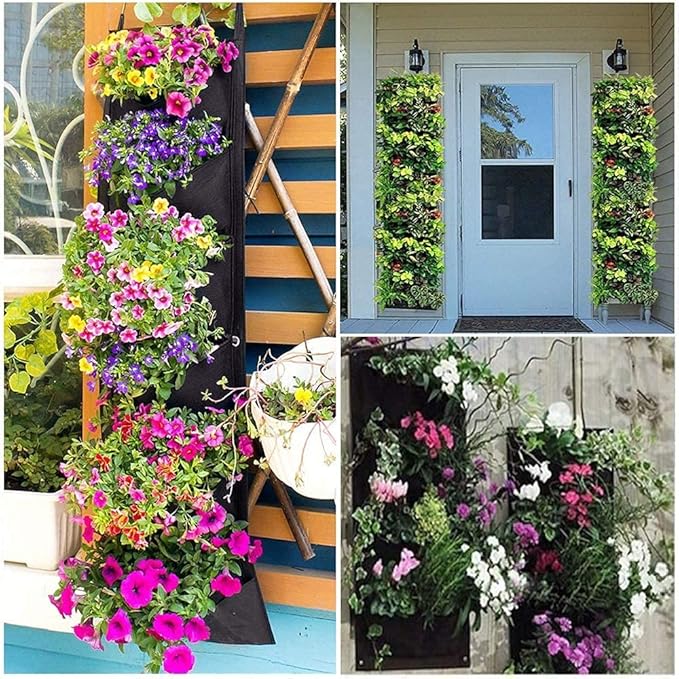 LITLANDSTAR Hanging Planter Bags, 2 Pack 7 Pocket Hanging Vertical Wall Planter Planting Grow Bags Outdoor Indoor Gardening Vertical Greening Flower Container (Black)