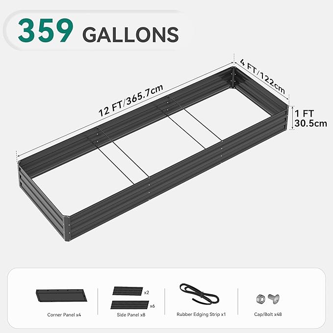 YITAHOME 144x48x12 in Galvanized Raised Garden Bed Kit, Large Metal Planter Box with Gloves, Safety Rubber & Support Rod, Outdoor Flower Bed for Plants Vegetables, Black