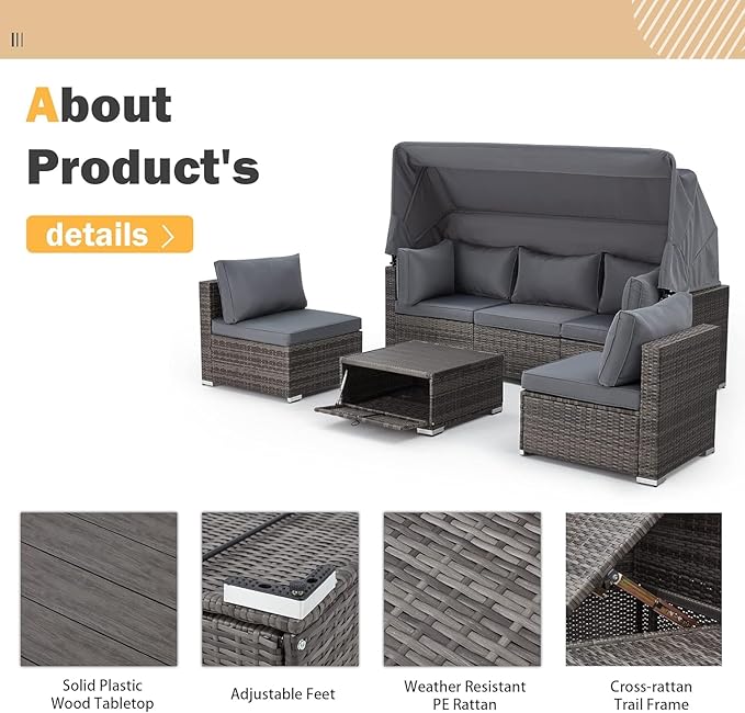 HOMREST 6 Pieces Patio Furniture Sets, Outdoor Daybed with Canopy, Rattan Outdoor Sectional Sofa Set with Adjustable Backrest, Chaise Chair Sunbed for Garden Poolside Backyard（Gray）