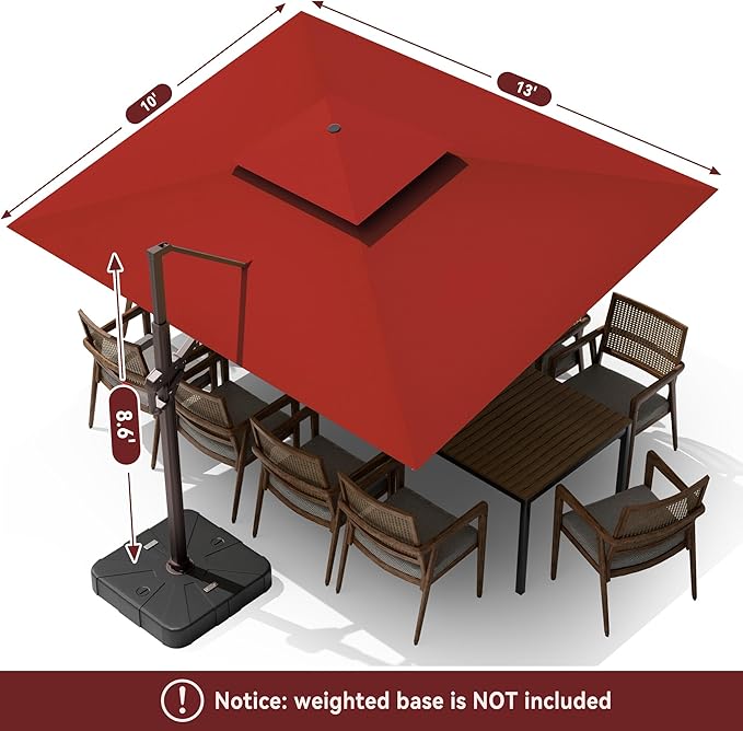 10 X 13 FT Cantilever Outdoor Patio Umbrella with Led Lights Large Heavy Duty 360° Rotation Double Top Offset Rectangular Umbrellas for Backyard Garden Pool Outside Deck, Red