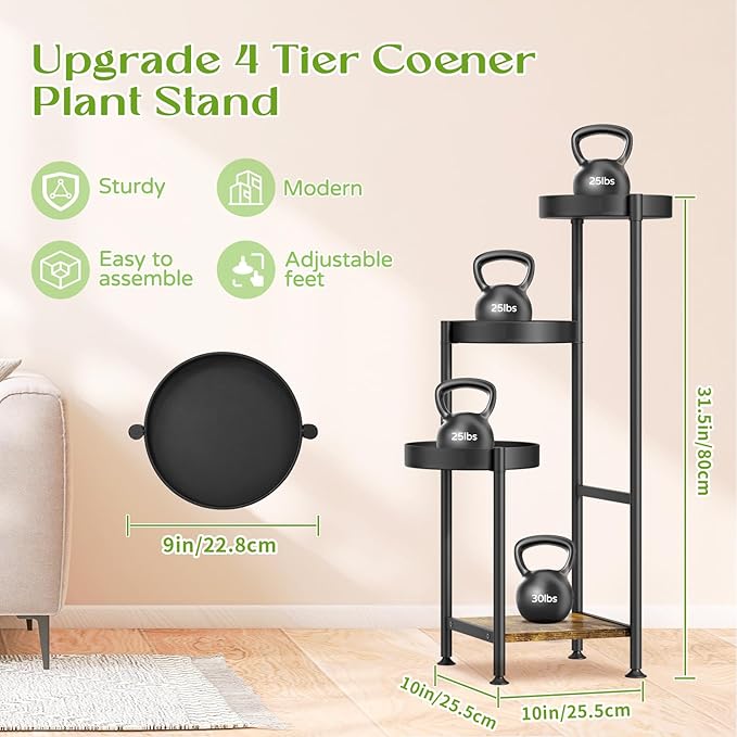 Plant Stand Indoor Outdoor Clearance, 4 Tier Tall Corner Metal Flower Pot Shelf Holder, Multiple Heavy Duty Plants Display Rack for Patio Orchid Office Porch Living Room Garden Balcony, Black