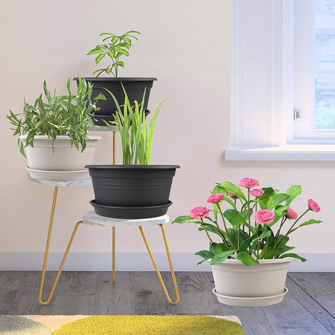 Large Flower Pots Set of 4 Pack 13 inch, Plant Pots Outdoor Planters with Drainage Hole & Tray Saucer, Decoration Plastic Pots for Plants for Indoor Outdoor Garden Home Plants Planter (Dark Gray)