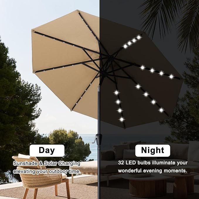 ABCCANOPY Durable Solar Led Patio Umbrellas with 32LED Lights 9FT (Tan)