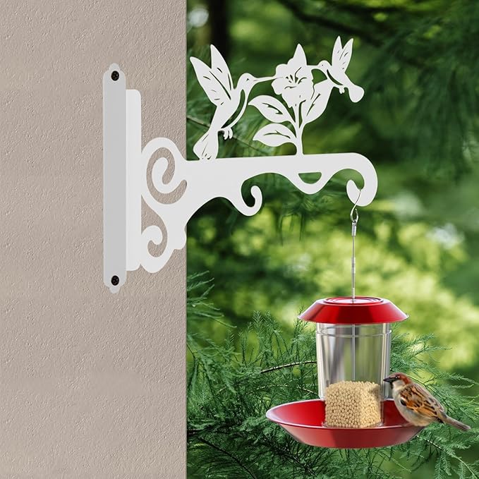 Elegant Bird Pattern Wall Hooks - 10/12/14 Inch Metal Plant Hangers for Indoor & Outdoor - Rust-Resistant Bracket for Plants, Feeders, Chimes, Lanterns (4, White, 10 inch)