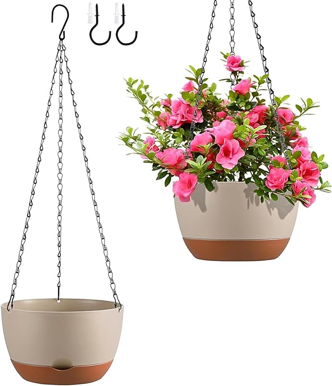 Hanging Planters for Indoor Plants, Set of 2 8/10 Inch Self-Watering Hanging Pots with Drainage Hole & Removable Water-Storage Tray II Screw-in Hooks