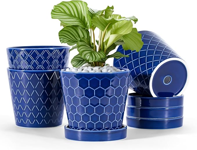 BUYMAX Ceramic Plant Pots –5 inch Indoor Flower Pot with Drainage Hole and Ceramic Tray - Gardening Home Desktop Office Windowsill Decoration Gift, Set of 4-Plants NOT Included(Blue)