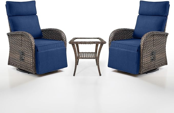 Belord Dual-Adjust Swivel Outdoor Recliner Chair Set of 3 - Reclining Patio Chair with Adjustable Backrest and Footrest, All-Weather Wicker Chaise Lounge Outdoor with Side Table for Pool Deck Brown