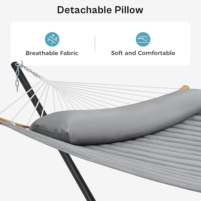 SUPERJARE Hammock with Stand, 2 Person Heavy Duty Hammock Frame, Detachable Pillow & Strong Curved-Bar & Portable Carrying Bag, Perfect for Outdoor & Indoor - Gray