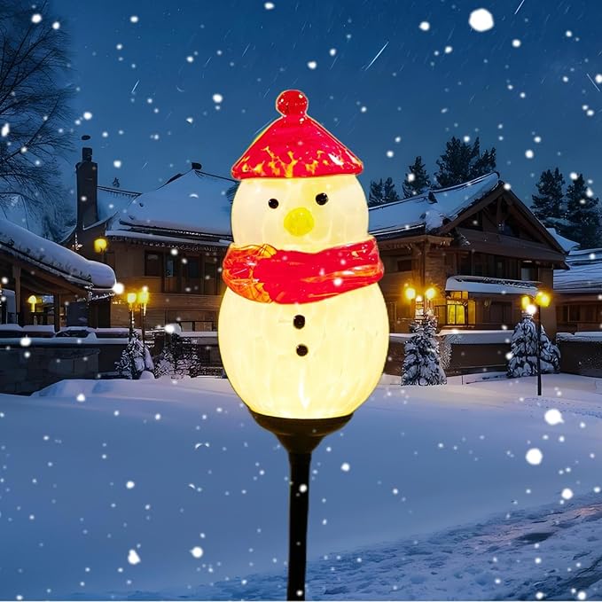 Solar Powered Garden Stake Lights Outdoor, Cute Animal Outdoor Figurine Lights Ornament Statue Decor for Pathway, Patio, Red Snowman
