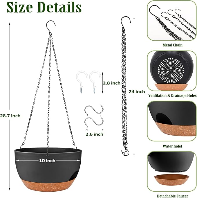 Hanging Planters for Outdoor Indoor Plants, 2 Pack 10 Inch Hanging Basket Plants Outdoor, Self Watering Hanging Planter with Plant Hanger for Garden Home Decoration (Black, 10 inch)