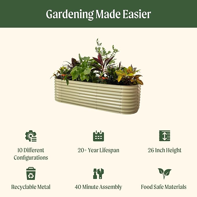 Vego garden 26" Extra Tall Raised Garden Bed Kits, 10 in 1 Modular Raised Planter Box for Vegetables Flowers Fruits Oval Metal Raised Garden-Olive Green
