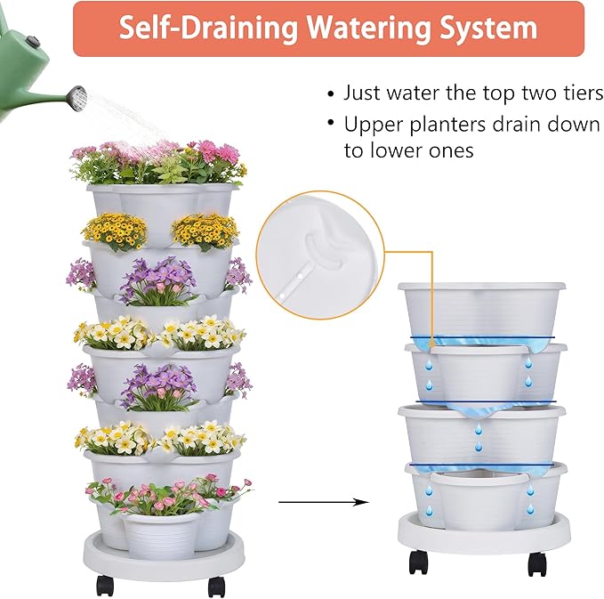 VECELO 7 Tier Vertical Garden Planter, Self Watering Stackable Planters with Wheels for Strawberries, Herbs, Flowers, Vegetables, White