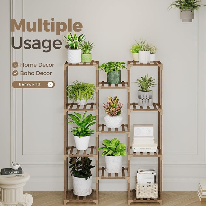 Bamworld Plant Stand Indoor Outdoor Tall Plants Shelf for Multiple Plants Pots Wood Flower Stand Large 11 Pots Plant Holder for Living Room, Patio, Balcony, Garden