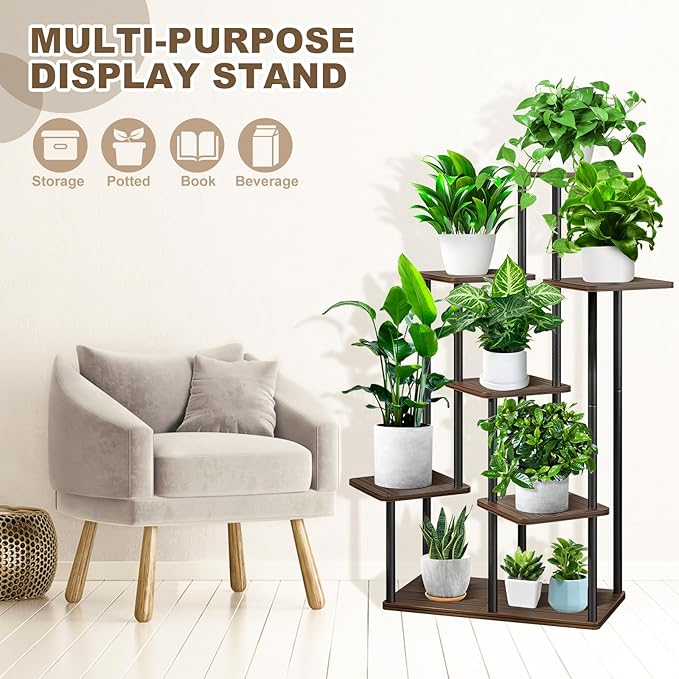 7 Tier Plant Stand Indoor, Thickened Metal Wood Corner Plant Shelf Stands for Multiple Plants, Indoor Tall Plants Stand Tiered Flower Holder for Living Room Patio Garden Balcony(Black+Oak)