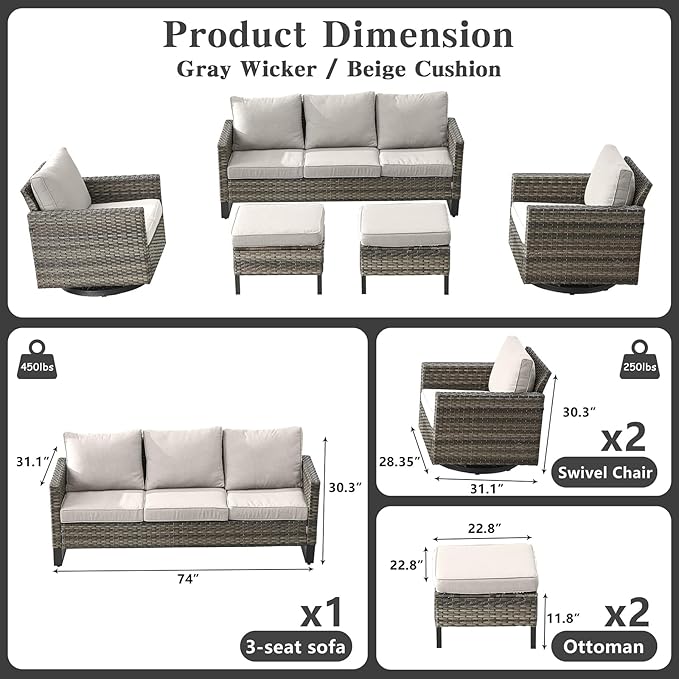 Belord Wicker Patio Furniture 5 Piece Outdoor Sofa Set, Oversize Outdoor Swivel Rocker Chairs with Rattan Ottomans, Conversation Sets Patio Furniture Come with Removable Washable Cushion Beige