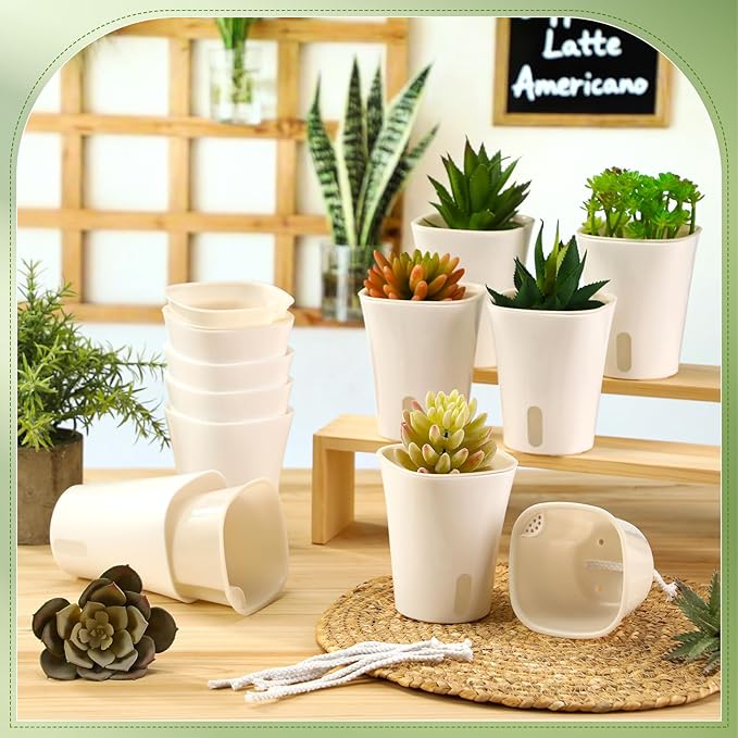 10 Pcs 3.74 Inch Self Watering Pots Self Watering Planters for Indoor Planters Plastic Garden Flower Pots with Level Indicator Vents for Herbs