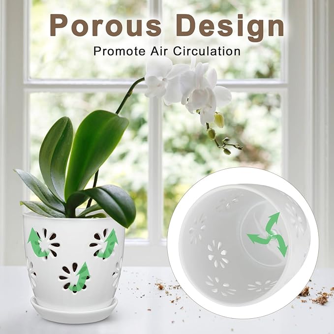 Oairse 6 inch Orchid Pots with Holes, White Ceramic Orchid Pot for Repotting Small Indoor Plant Pots with Drainage Holes and Saucers Decorative Flower Planter for Orchids, Indoor Plant