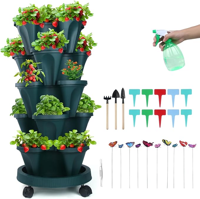 GameXcel Vertical Planter, 5 Tier Stackable Strawberry Planter with Garden Tool Set, Movable Indoor/Outdoor Garden Herb Pot for Growing Vegetables and Succulents, Green