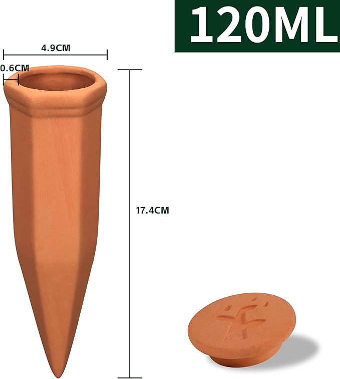Large Terracotta Watering Spikes with Lids, Automatic Plant Waterer Outdoor | Indoor, Vacation Friendly Clay Plant Watering Devices System, Slow Release Self Watering Planter Insert, 4 Pack